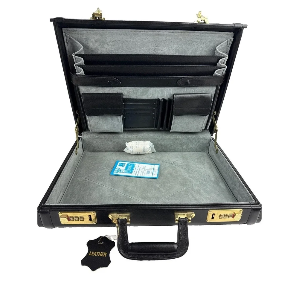 Vintage Black Leather Briefcase Hard Case Brass Dual Combination Locks New